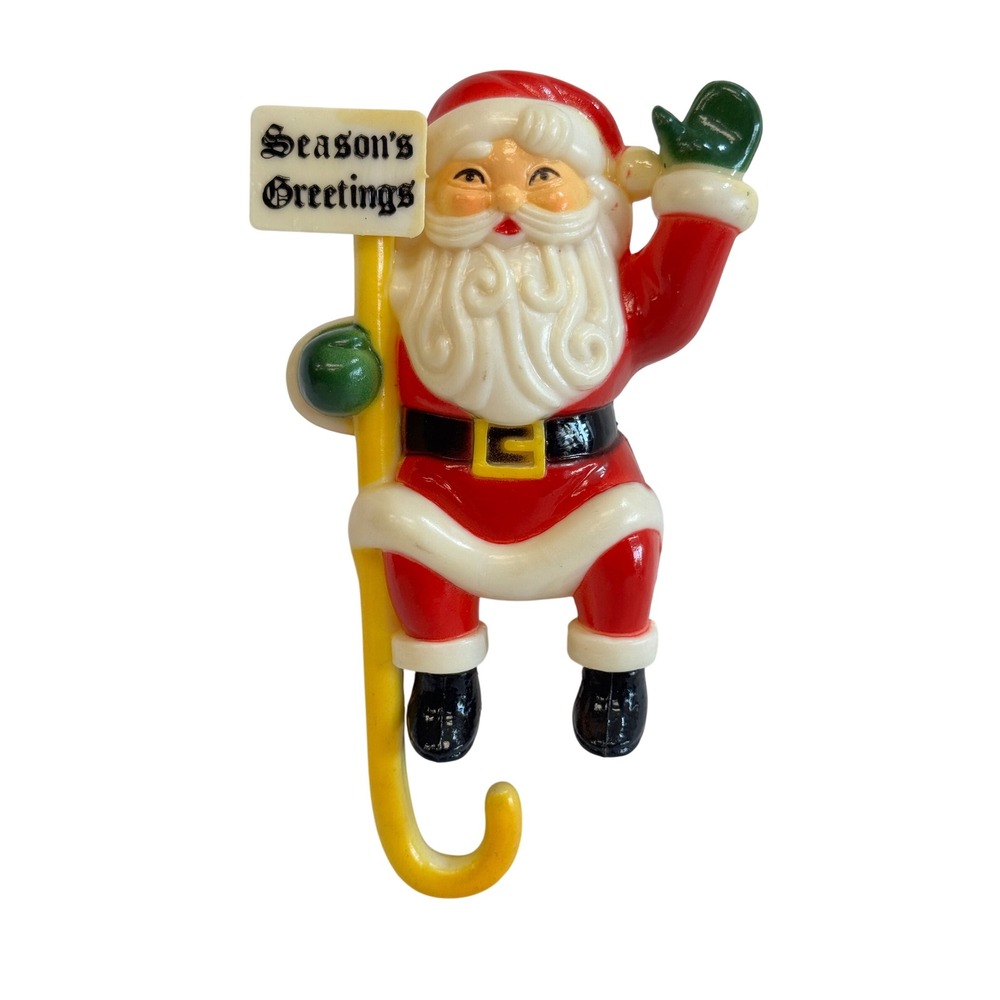 Vintage Plastic Santa Claus Season's Greetings Shelf Sitter Figurine Red White